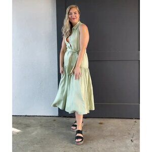 Marissa Webb Collective Tie Waist Linen Midi Dress Size L Beige Casual